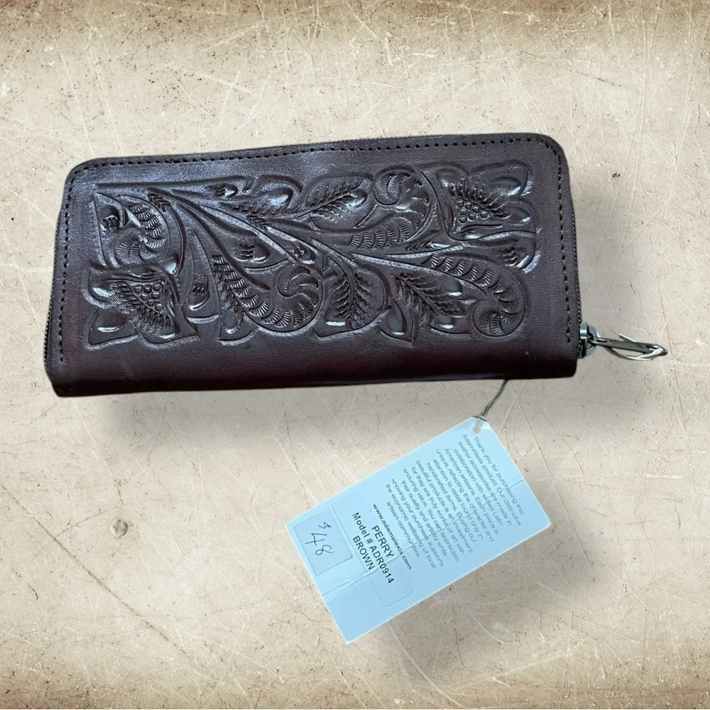 ADAMAlexis NWT Hand Tooled Brown Leather Zip Around Wallet